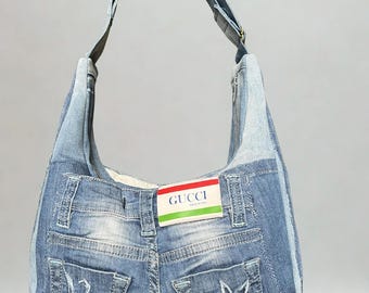 Unique handmade handbag made from recycled jeans