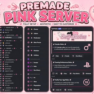 May include: A digital display of a premade pink Discord server layout featuring dark interface panels with pink text and icons. The design includes sections for server stats, member roles, and self-roles with a bunny graphic and heart accents.