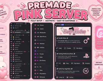 Puede incluir: Una visualización digital de un diseño de servidor de Discord rosa prefabricado con paneles de interfaz oscuros, texto e iconos rosas. El diseño incluye secciones para estadísticas del servidor, roles y autorroles con un gráfico de conejo.