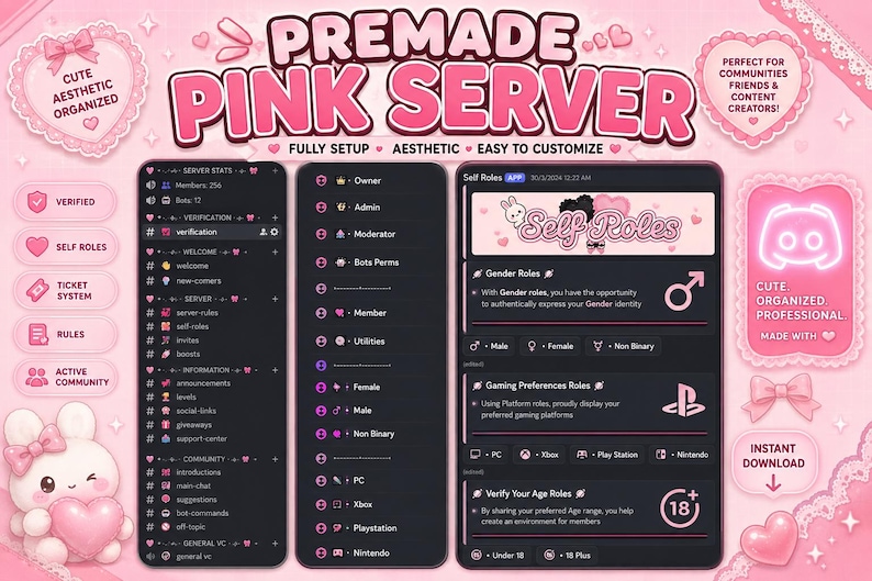 May include: A digital display of a premade pink Discord server layout featuring dark interface panels with pink text and icons. The design includes sections for server stats, member roles, and self-roles with a bunny graphic and heart accents.