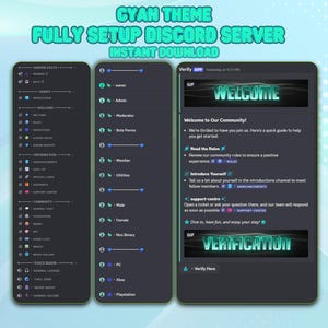 May include: A cyan-themed Discord server setup, featuring a welcome message and verification instructions. The server includes sections for announcements, rules, and community interaction. The text "FULLY SETUP DISCORD SERVER" and "INSTANT DOWNLOAD" are visible.