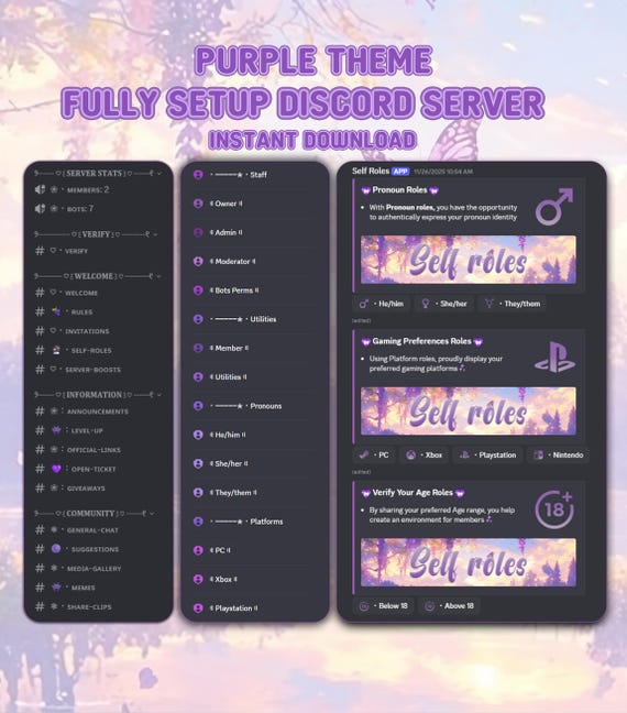 Purple Discord Server Setup | Gaming, Community, Roles (Instant Download)