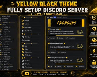 Layout predefinito giallo e nero completamente configurato per server Discord/community di gioco (download immediato)