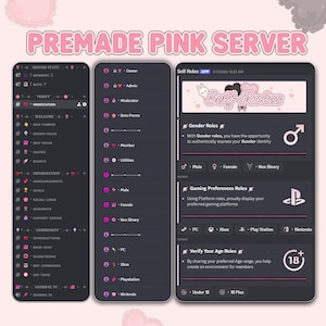 May include: A digital graphic for a Discord server, featuring a pink theme with the text "PREMADE PINK SERVER." The interface displays server stats, verification options, and self-role settings, including gender and gaming preferences. The age verification is also shown.