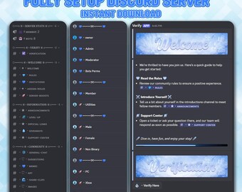 Plantilla de servidor Discord azul claro / Configuración organizada de una comunidad de juegos (Descarga instantánea)