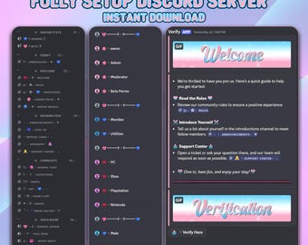 Configuración de servidor Discord rosa y azul / Diseño personalizado para comunidad de juegos (descarga instantánea)