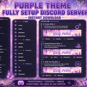 May include: A purple-themed Discord server template featuring a digital interface with server stats, staff roles, and self-role categories. The layout includes text headers, channel lists, and icons set against a floral background with butterflies.