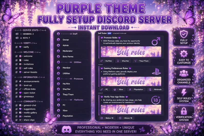 May include: A purple-themed Discord server template featuring a digital interface with server stats, staff roles, and self-role categories. The layout includes text headers, channel lists, and icons set against a floral background with butterflies.