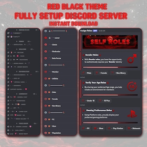 May include: A digital graphic showcasing a red and black Discord server theme. The image displays server setup options, including self-roles, gender roles, age verification, and gaming preferences. Text includes "Fully Setup Discord Server" and "Instant Download."