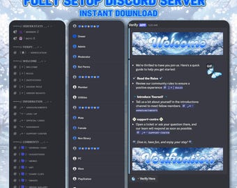 Configuración predefinida de servidor Discord Blue Blossom / Roles y canales mínimos en blanco (descarga instantánea)
