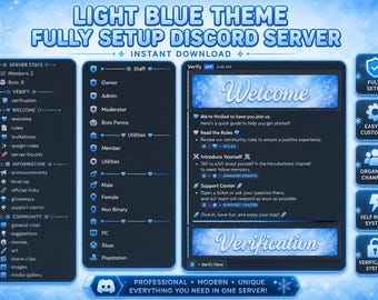 Modello per server Discord azzurro / Configurazione di una community di gioco organizzata (Download immediato)