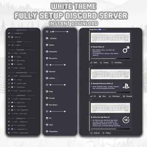 May include: A digital graphic showcasing a white-themed, fully setup Discord server. The design includes server stats, welcome messages, self-roles, and options for gender, gaming preferences, and age verification. Text reads "Instant Download."