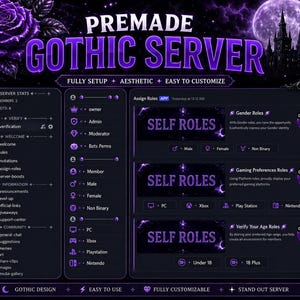 May include: A digital template for a Discord server featuring a dark purple and black color scheme with a gothic rose and castle illustration. The layout includes text labels for server stats, roles, and categories like self-roles for gender and gaming.