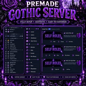 May include: A digital template for a Discord server featuring a dark purple gothic theme with roses, a castle, and a full moon. The interface displays text including PREMADE GOTHIC SERVER, SELF ROLES, and various channel categories like server stats, verify, and welcome.
