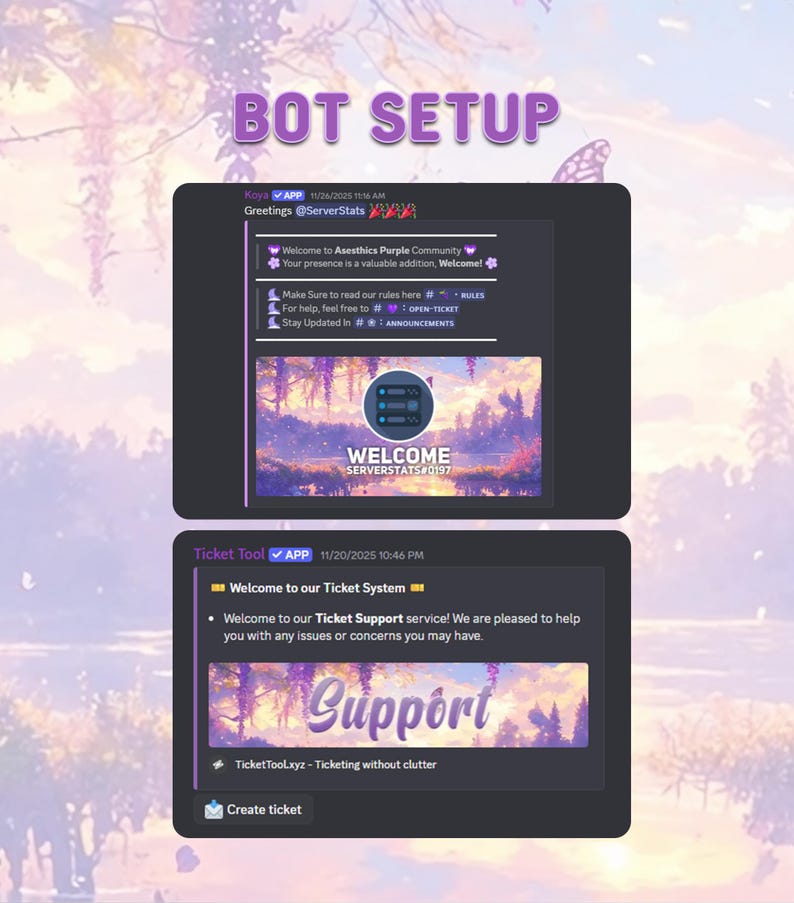 May include: A digital display showing a BOT SETUP interface with two dark-themed chat boxes. The top box features a welcome message for the Asesthics Purple Community, while the bottom box displays a Ticket Tool support system with a Create ticket button.