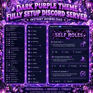 May include: A digital graphic display for a Discord server with a dark purple theme. The layout features text headers including "DARK PURPLE THEME FULLY SETUP DISCORD SERVER" and "SELF ROLES," alongside lists of server channels, roles, and categories.