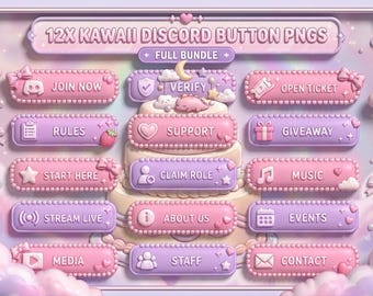 Botones de Discord Kawaii PNG – Recursos 3D para servidor con fresas pastel (Descarga digital)