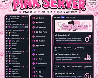 May include: A digital display of a premade pink Discord server layout featuring three dark panels with pink text and icons. The interface includes channel lists, role assignments, and self-role menus with sections for gender, gaming, and age verification.