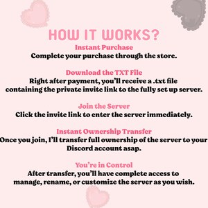 May include: A light pink informational graphic with heart icons and the text: HOW IT WORKS? Instant Purchase, Download the TXT File, Join the Server, Instant Ownership Transfer, and You're in Control, detailing the process for acquiring a Discord server.