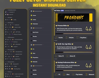 Plantilla preconfigurada de servidor Discord/comunidad de juegos en amarillo y negro (descarga instantánea)