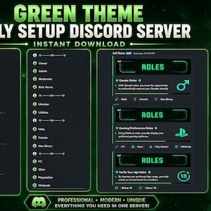 May include: A digital display of a Discord server template with a green theme. The layout features server stats, role lists, and self-role selection menus. Text includes "GREEN THEME FULLY SETUP DISCORD SERVER" and "INSTANT DOWNLOAD" with feature icons.