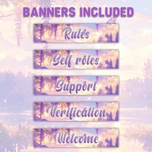 May include: A set of five rectangular digital banners featuring a soft pastel landscape with purple wisteria and trees. The text BANNERS INCLUDED appears at the top, followed by individual banners labeled Rules, Self roles, Support, Verification, and Welcome.