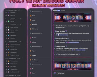 Configuración completa de servidor Discord con temática neón / Comunidad de juegos, streamers (descarga instantánea)
