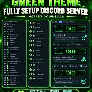 Może przedstawiać: Cyfrowy wyświetlacz układu serwera Discord w zielonej kolorystyce, zawierający nagłówki tekstowe takie jak GREEN THEME FULLY SETUP DISCORD SERVER, listy kanałów serwera, kategorie ról oraz menu wyboru ról z ikonami dla gier i tożsamości.