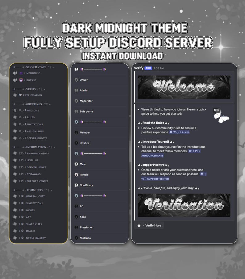 Premade Dark Midnight Discord Server | Gaming Template, Roles, Channels ...