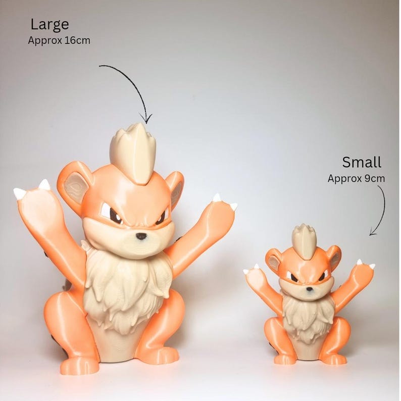 May include: Two orange and cream-colored creature figurines with pointed ears and tufted fur. The larger figure is labeled Large Approx 16cm and the smaller figure is labeled Small Approx 9cm. Both figures have raised arms and a determined expression.