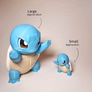 May include: Two blue and beige turtle-like figurines with large heads and brown eyes. The large figurine is labeled 'Large Approx 15cm' and the small figurine is labeled 'Small Approx 6cm'. Both figures are in a dynamic pose with arms extended forward.
