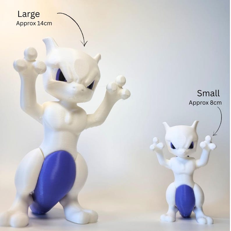 May include: Two white and purple Mewtwo figurines with pointed ears and raised arms. The large figurine is labeled as approximately 5.51 inches, while the small figurine is labeled as approximately 3.15 inches. Both figures feature a smooth finish.