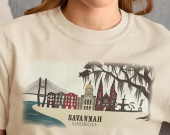 Camiseta de recuerdo histórico de Savannah, Georgia, camiseta vintage sureña de River Street, camisetas con musgo español costero frente al río, regalo de Low Country