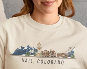 Camiseta de las Montañas Rocosas de Vail, Colorado, con el pueblo de esquí de las Montañas Rocosas, con el gráfico de un pueblo alpino bávaro, y camisetas de recuerdo de viaje de las Montañas Rocosas.