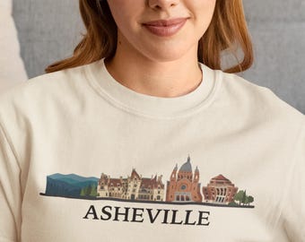 Camiseta de pueblo montañoso de Asheville, Carolina del Norte, camiseta con el horizonte de Blue Ridge, camiseta con gráfico de ciudad histórica, regalo de recuerdo de viaje panorámico de Carolina del Norte