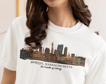 Camiseta con el horizonte de Boston, Massachusetts, Camiseta de la Cuna de la Libertad, Recuerdo histórico de viaje de los Boston Red Sox, Camiseta gráfica de la ciudad de Nueva Inglaterra