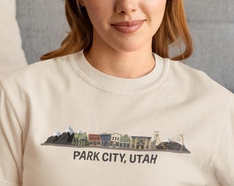 Camiseta de pueblo montañoso de Park City, Utah, con el horizonte de la histórica calle principal, recuerdo de viaje de estación de esquí, camiseta de aventura alpina