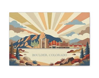 Impresión en lienzo del horizonte de Boulder, Colorado, arte mural de la montaña Flatirons, ilustración del laboratorio NCAR Mesa, decoración del teatro de Boulder, regalo de viaje a Colorado