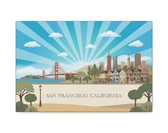 Impresión en lienzo del horizonte de San Francisco, California, arte mural del puente Golden Gate, ilustración de las Damas Pintadas, regalo de decoración para viajes por el Área de la Bahía