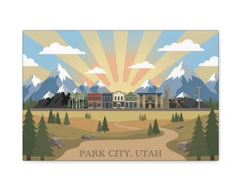 Impresión en lienzo del horizonte primaveral de Park City, Utah, arte mural de una calle principal histórica, decoración de un pueblo de esquí de montaña en verano, recuerdo de viaje alpino