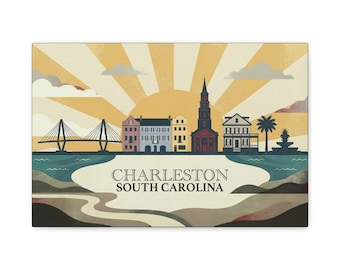 Impresión en lienzo del horizonte de Charleston, Carolina del Sur, arte mural histórico de la ciudad, decoración del hogar con obras de arte de la costa sur, recuerdo de viaje a Lowcountry