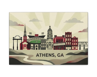 Impresión en lienzo de Athens, Georgia, arte mural de la UGA, horizonte de la ciudad universitaria, decoración vintage de bulldog sureño, impresiones clásicas de la ciudad de Georgia para decoración del hogar