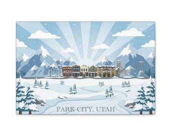 Impresión en lienzo del horizonte invernal de Park City, Utah, arte mural de calle principal nevada, decoración navideña de pueblo de esquí, regalo de recuerdo de cabaña en pistas de esquí de montaña