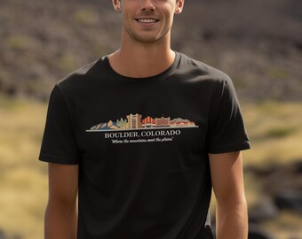 Camiseta con el horizonte de Boulder, Colorado, camiseta con gráfico de las montañas Flatirons, camiseta "Donde las montañas se encuentran con las llanuras", regalo de viaje para la universidad de las Montañas Rocosas
