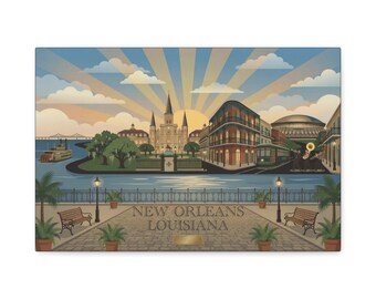 Impresión en lienzo del horizonte de Nueva Orleans, Luisiana, arte mural del Barrio Francés, ilustración de la Catedral de San Luis, decoración de la ciudad del jazz de Nueva Orleans, regalo de viaje