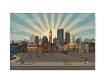 Lienzo impreso con el horizonte de Boston, Massachusetts, arte mural histórico de la ciudad, ilustración del Freedom Trail, decoración emblemática de Boston, recuerdo de Nueva Inglaterra.