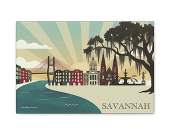 Arte mural en lienzo de Savannah, Georgia, decoración de Hostess City, GA, ilustración histórica de una ciudad sureña, obra de arte con el horizonte de la ribera del río, decoración costera para el hogar.