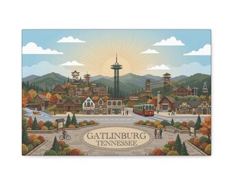 Lienzo impreso de Gatlinburg, Tennessee, Puerta de entrada a las Grandes Montañas Humeantes, Arte mural, Ilustración del Parque Nacional de las Montañas Humeantes, Recuerdo del Puente del Cielo