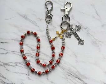 Catena per portafoglio in ceramica rossa con croce/Catena con croce e perline del rosario rosse per jeans e borse/Catena hip hop Y2K/Catena punk rock/Catena per portafoglio jeans