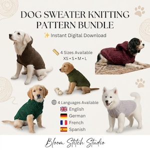 May include: A digital knitting pattern bundle for dog sweaters titled DOG SWEATER KNITTING PATTERN BUNDLE. The image displays five dogs wearing knitted sweaters in brown, maroon, olive green, dark green, and light grey. Includes 4 sizes XS-L.